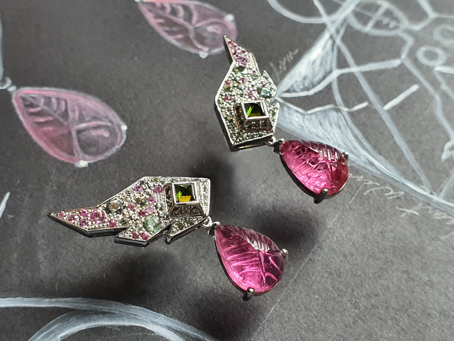 ANGEL WING EARRINGS - Drop Wing Earrings - Pink Tourmaline Earrings - Divine Earrings - Fancy Sapphire Earring