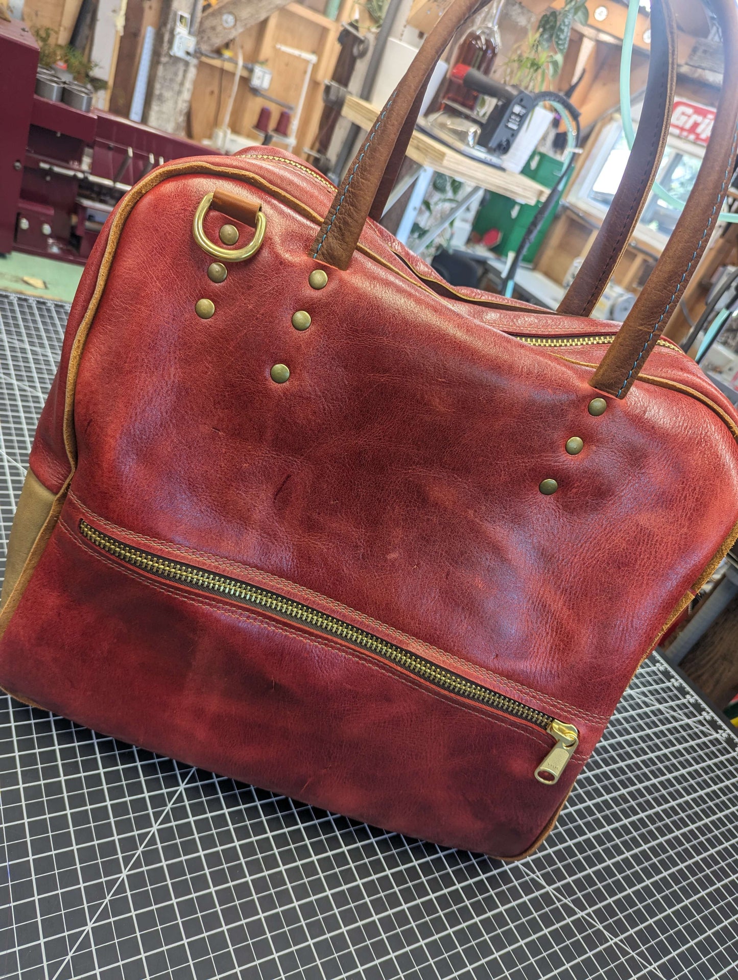 "BigRed" Timeless Travel Companion: Handcrafted Leather Weekender Bag - Artisan-Made with Full Grain Leather, Stylish and Durable Overnight Travel