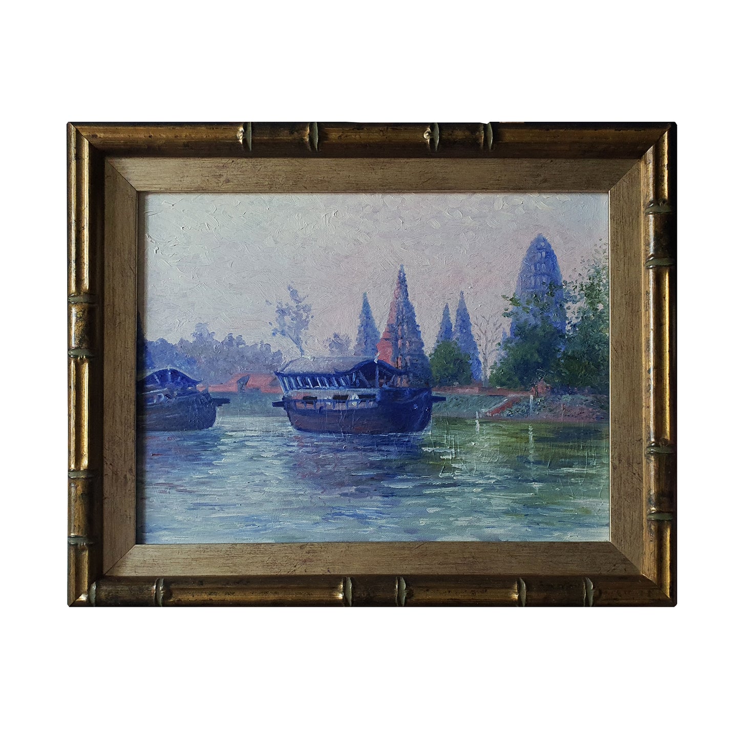 ORIGINAL OIL PAINTING - Ayutthaya at Dawn- Travel Painting - Asian landscape - Nautical Art - Boat Art - Thailand