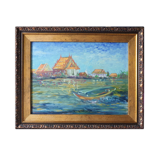 ORIGINAL OIL PAINTING Thai Boat- Thailand- impressionist scene of the Chao Phraya River- Asian Art