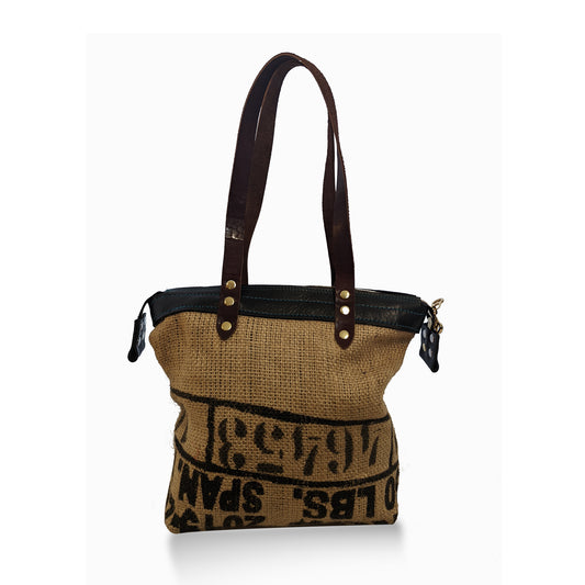 Upcycled Coffee Sack Tote Bag - Handmade leather - burlap and leather Tote- fully lined