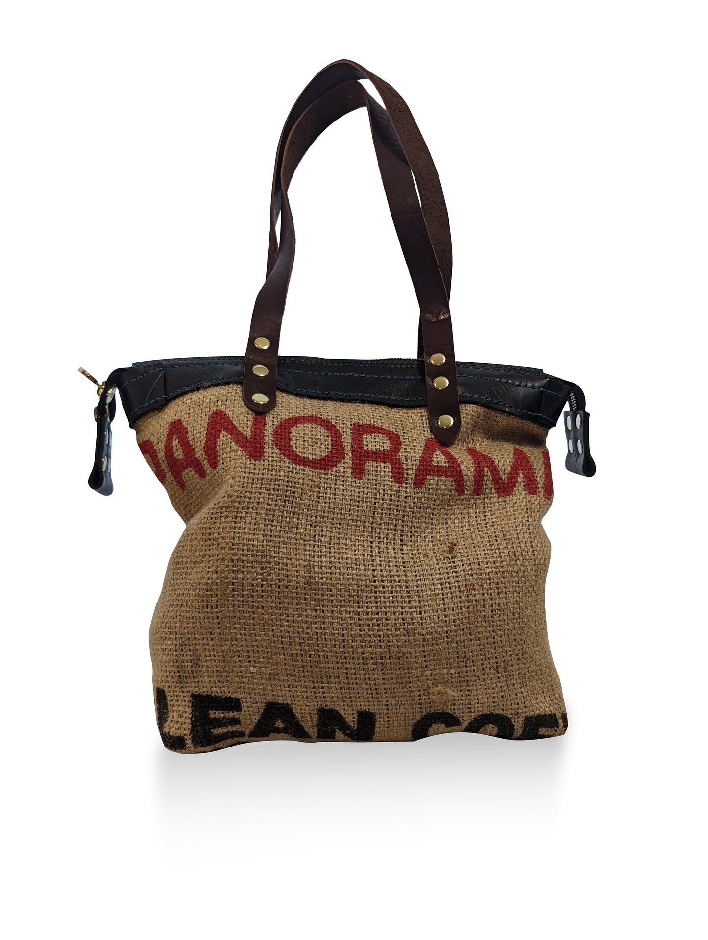 Upcycled Coffee Sack Tote Bag - Handmade leather - burlap and leather Tote- fully lined