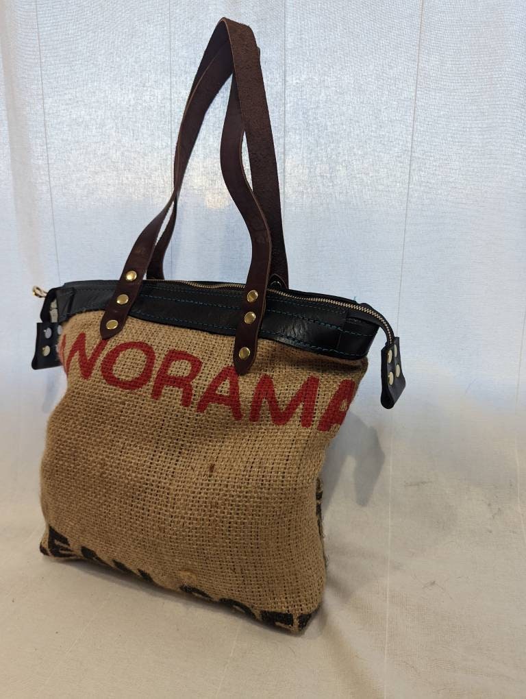 Upcycled Coffee Sack Tote Bag - Handmade leather - burlap and leather Tote- fully lined