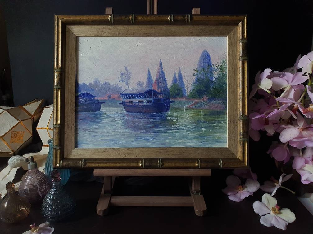 ORIGINAL OIL PAINTING - Ayutthaya at Dawn- Travel Painting - Asian landscape - Nautical Art - Boat Art - Thailand