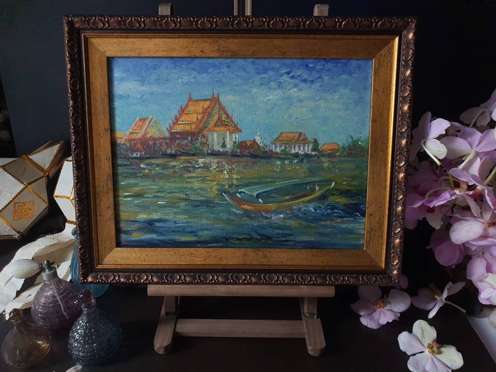 ORIGINAL OIL PAINTING Thai Boat- Thailand- impressionist scene of the Chao Phraya River- Asian Art